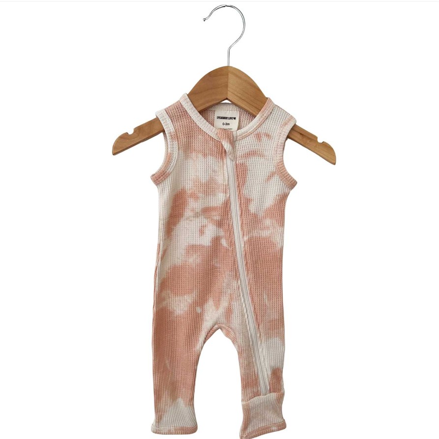 Girl SpearmintLOVE | Organic Waffle Sleeveless Zip Romper, Pink Lemonade Tie Dye