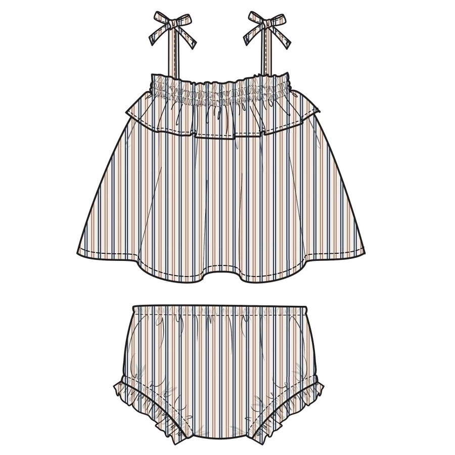 Girl Angel Dear | Ruffle Top & Bloomer, Ticking Stripe Navy Clay