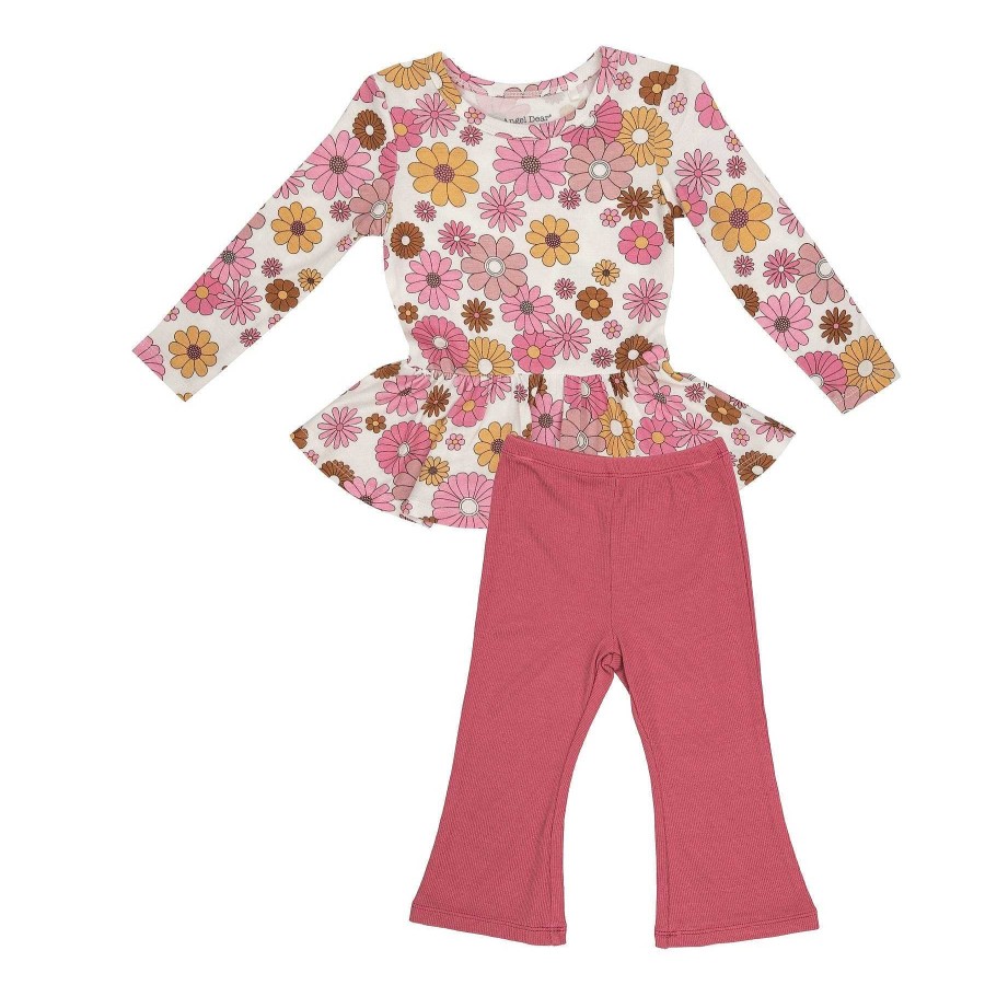 Girl Angel Dear | Peplum Top & Flare Pant Set, Pink Retro Floral