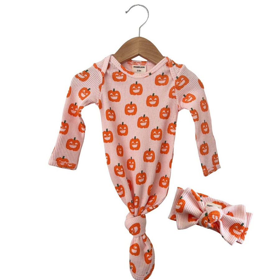 Girl SpearmintLOVE | Organic Waffle Knotted Gown & Bow Set, Blush Jack-O-Lantern