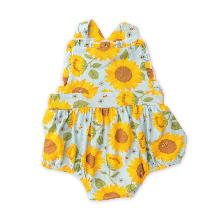 Girl Angel Dear | Ruffle Bubble Bib Sunsuit, Sunflowers Blue