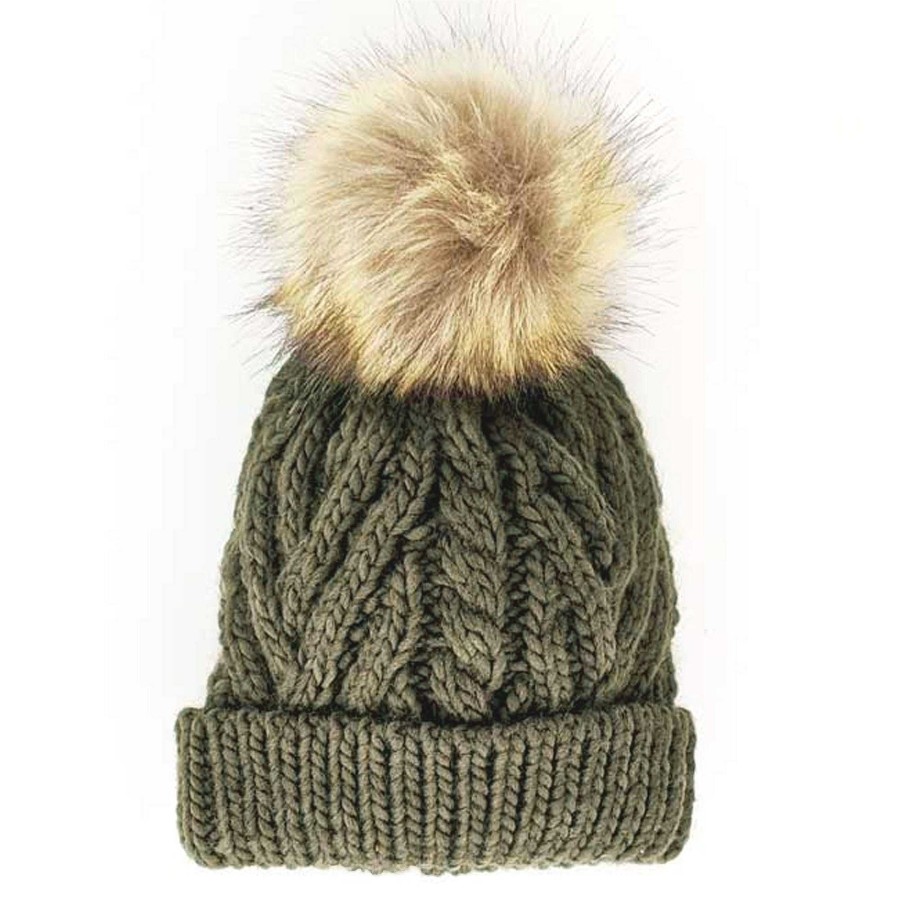 Accessories Huggalugs | Cable Knit Fur Pom Hat, Loden