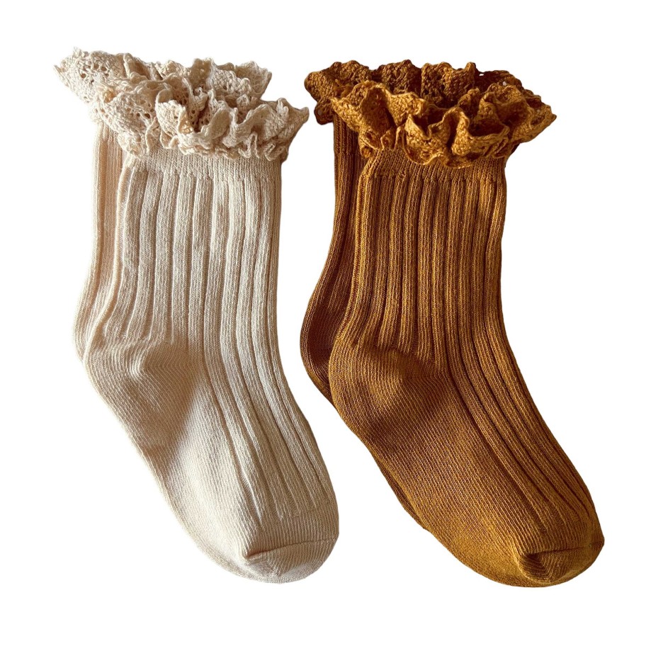 Accessories Sold by SpearmintLOVE | 2-Pack Lace Trim Ribbed Socks, Ivory & Ochre