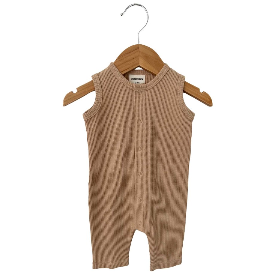 Boy SpearmintLOVE | Organic Waffle Easy Romper, Tan