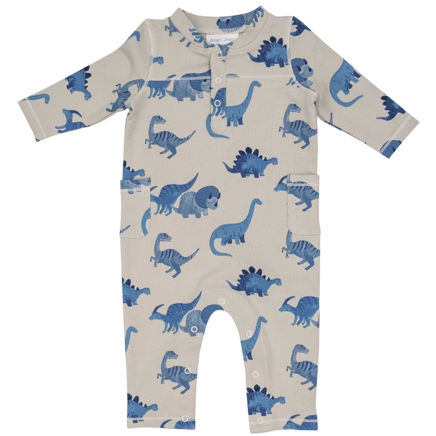 Boy Angel Dear | French Terry Henley Romper, Blue Dinos