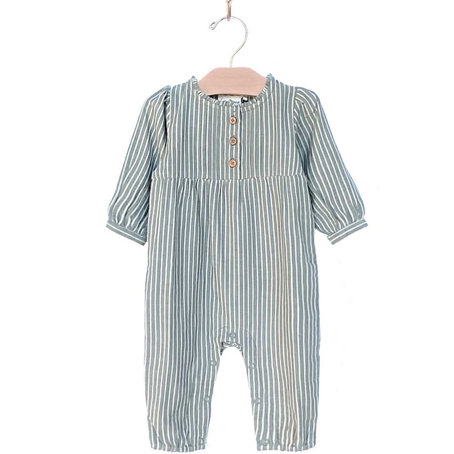 Girl city mouse | Cotton Frill Neck Romper, Granite Stripe