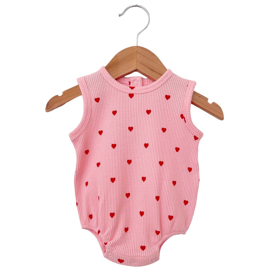 Girl SpearmintLOVE | Organic Waffle Bubble Romper, Little Red Heart (On Pink)