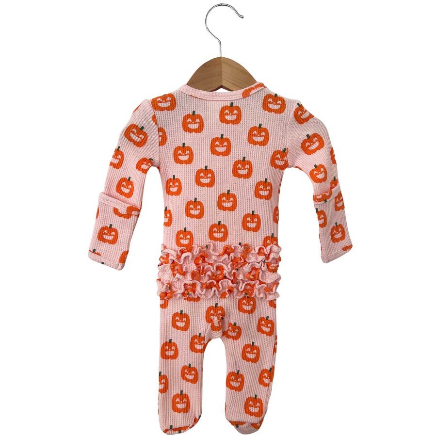 Girl SpearmintLOVE | Organic Waffle Ruffle Zip Footie, Blush Jack-O-Lantern