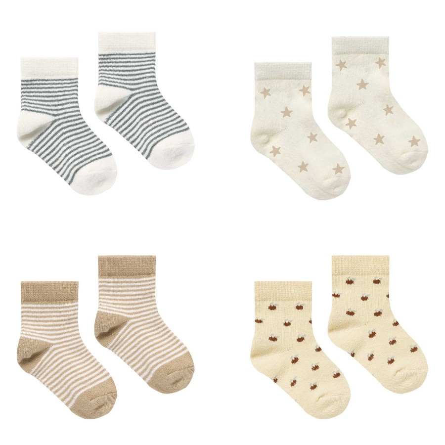 Girl Quincy Mae | Printed Sock Set Of 4, Latte Micro Stripe/Stars/Dusty Blue Stripe/Apples