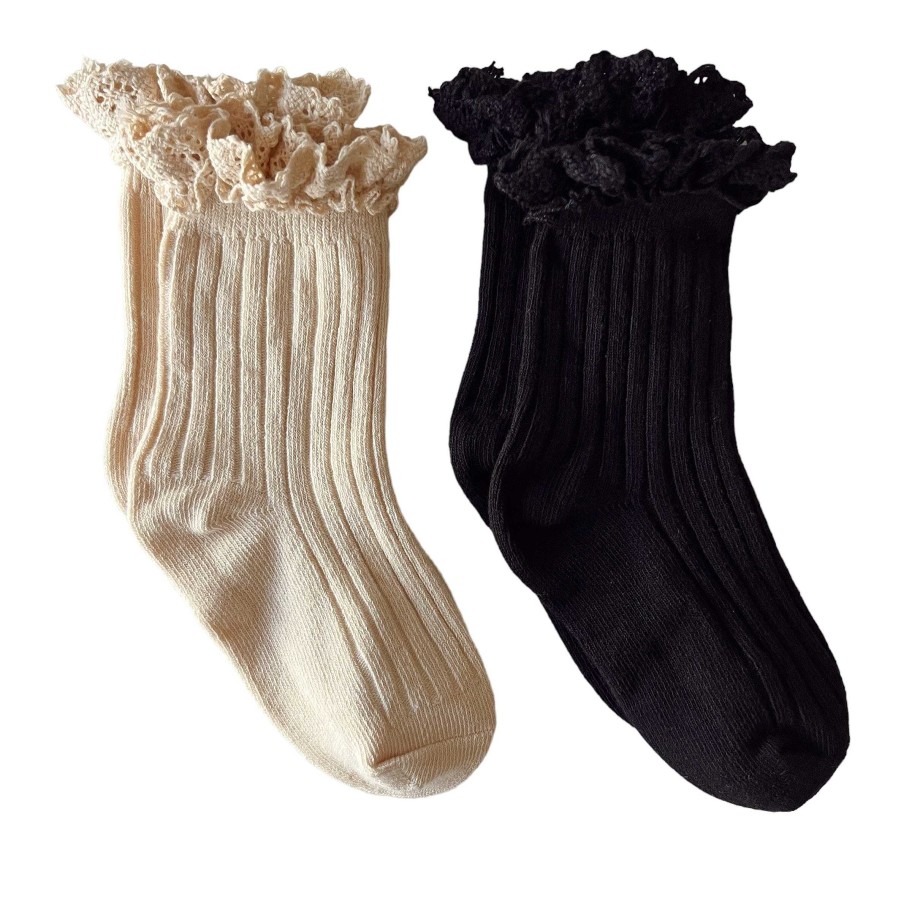 Accessories Sold by SpearmintLOVE | 2-Pack Lace Trim Ribbed Socks, Ivory & Black