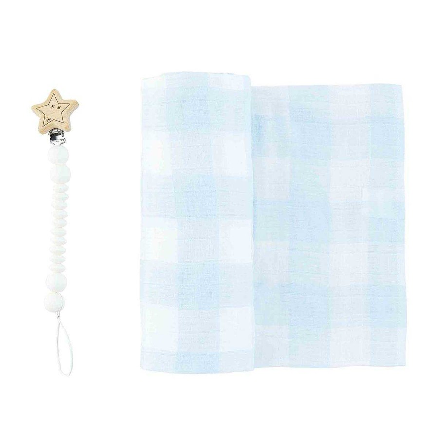 Baby Stuff Mud Pie | Swaddle & Pacifier Clip Gift Set, Blue Gingham