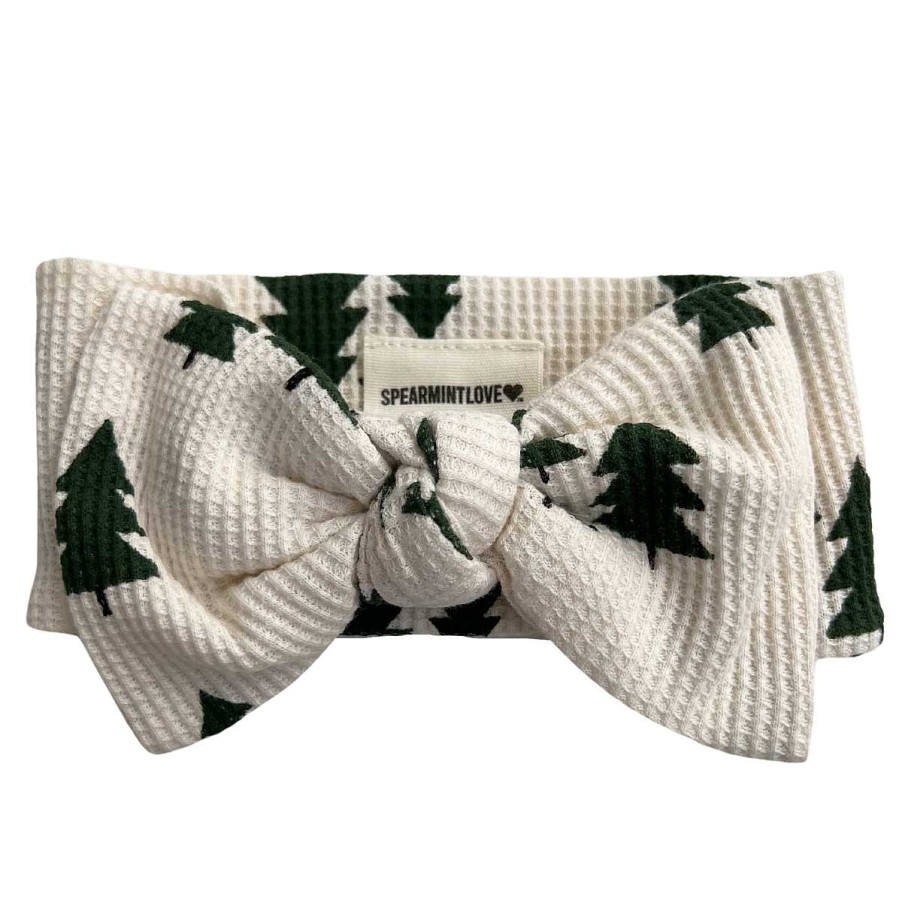 Girl SpearmintLOVE | Organic Waffle Knot Bow, Forest Green Trees