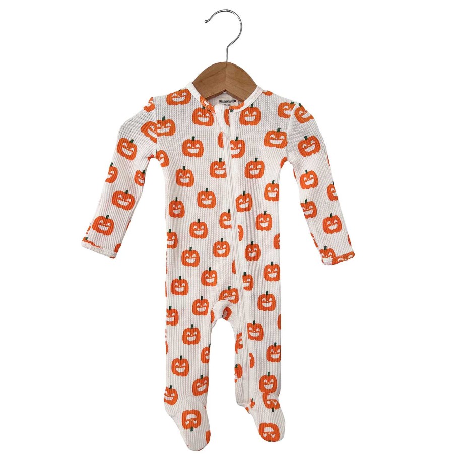 Boy SpearmintLOVE | Organic Waffle Basic Zip Footie, Jack-O-Lantern