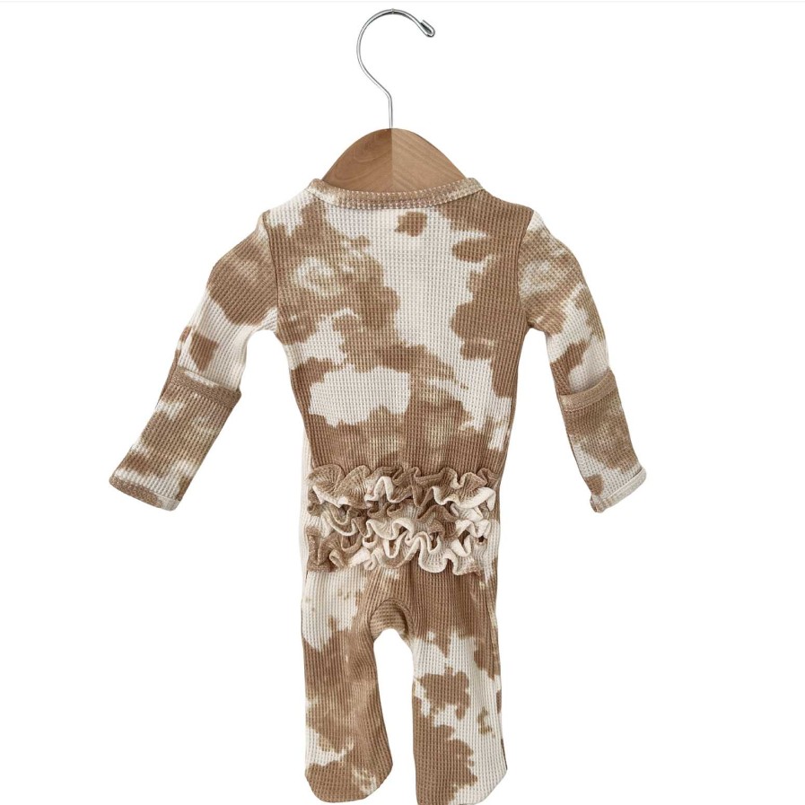 Girl SpearmintLOVE | Organic Waffle Ruffle Zip Footie, Almond Tie Dye