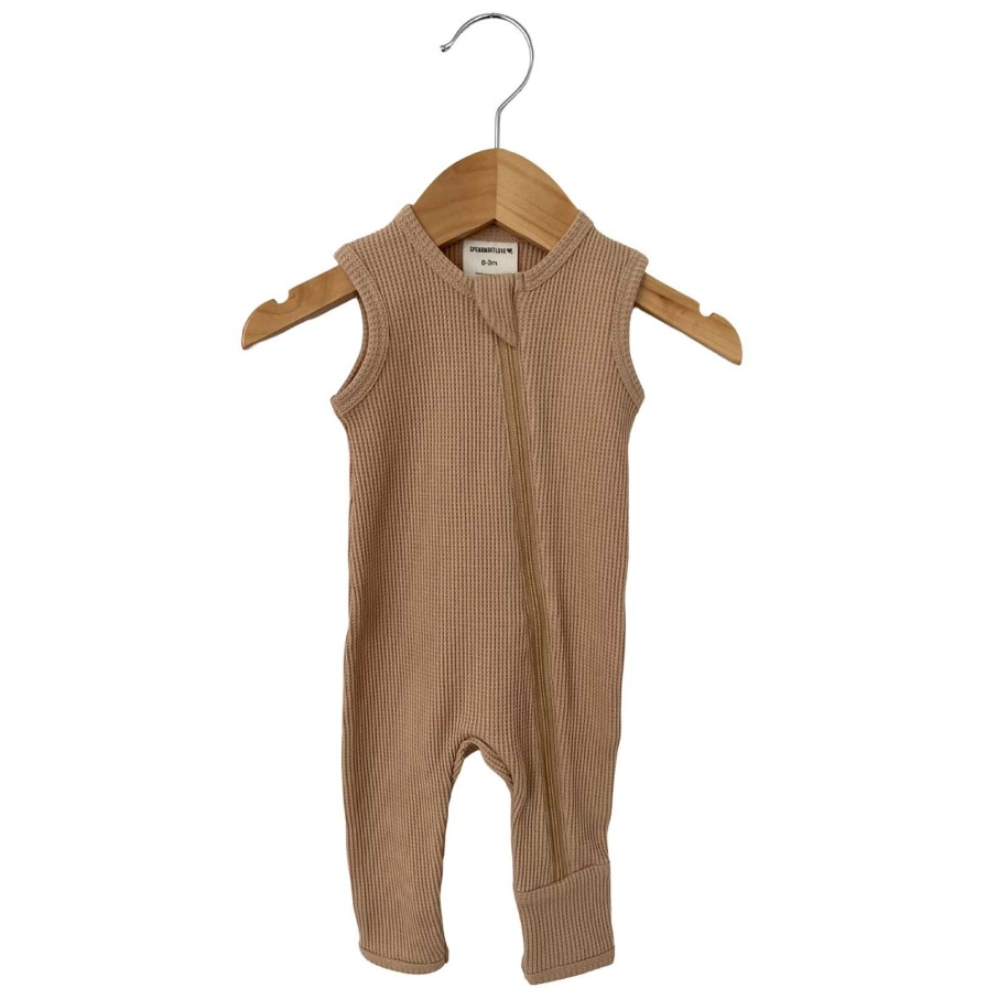 Boy SpearmintLOVE | Organic Waffle Sleeveless Zip Romper, Tan