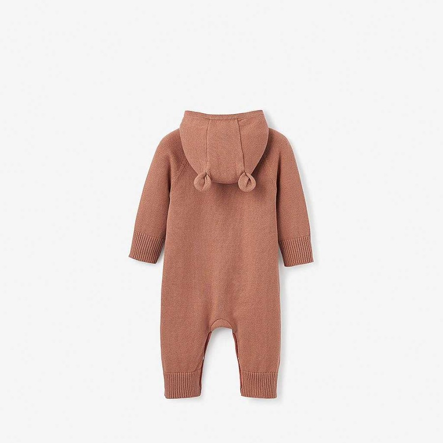 Boy Elegant Baby | Bear Hooded Knit Jumpsuit, Rust