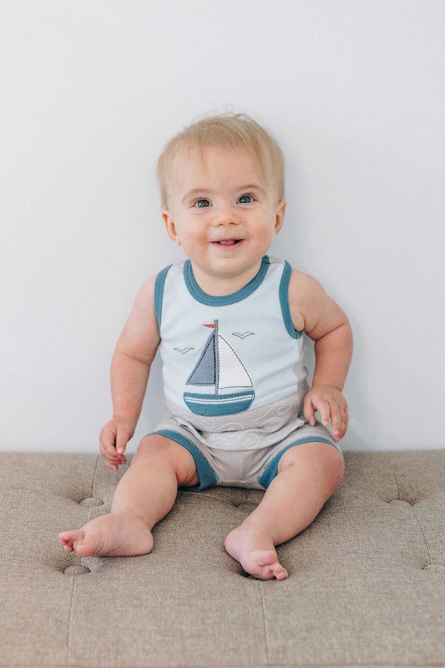 Boy L'ovedbaby | Applique Tank & Bike Short Set, Light Grey Sailboat