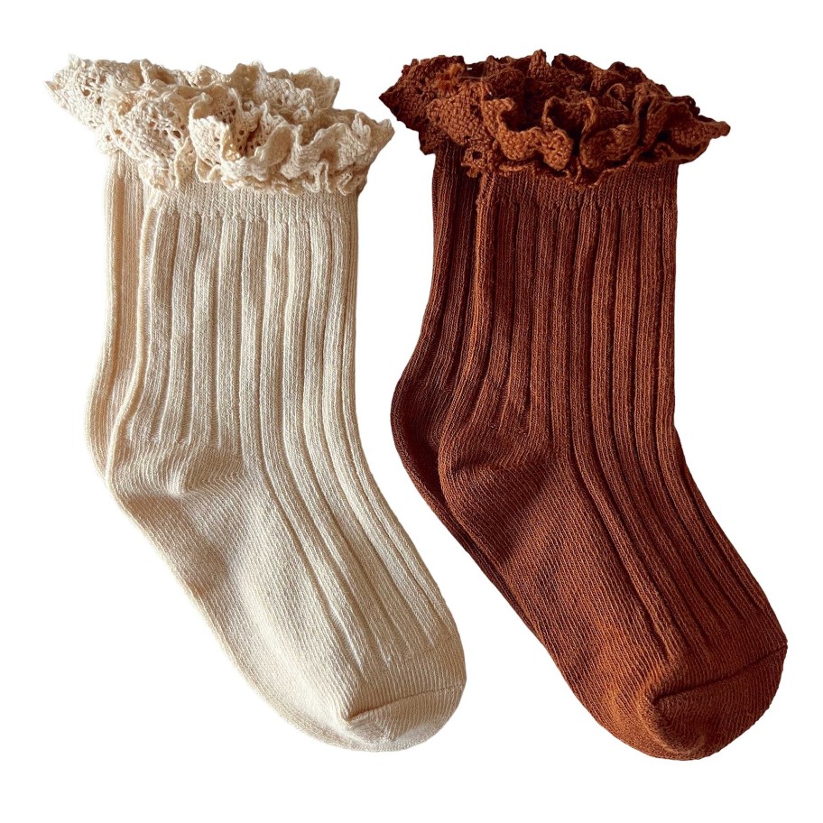 Accessories Sold by SpearmintLOVE | 2-Pack Lace Trim Ribbed Socks, Ivory & Cinnamon