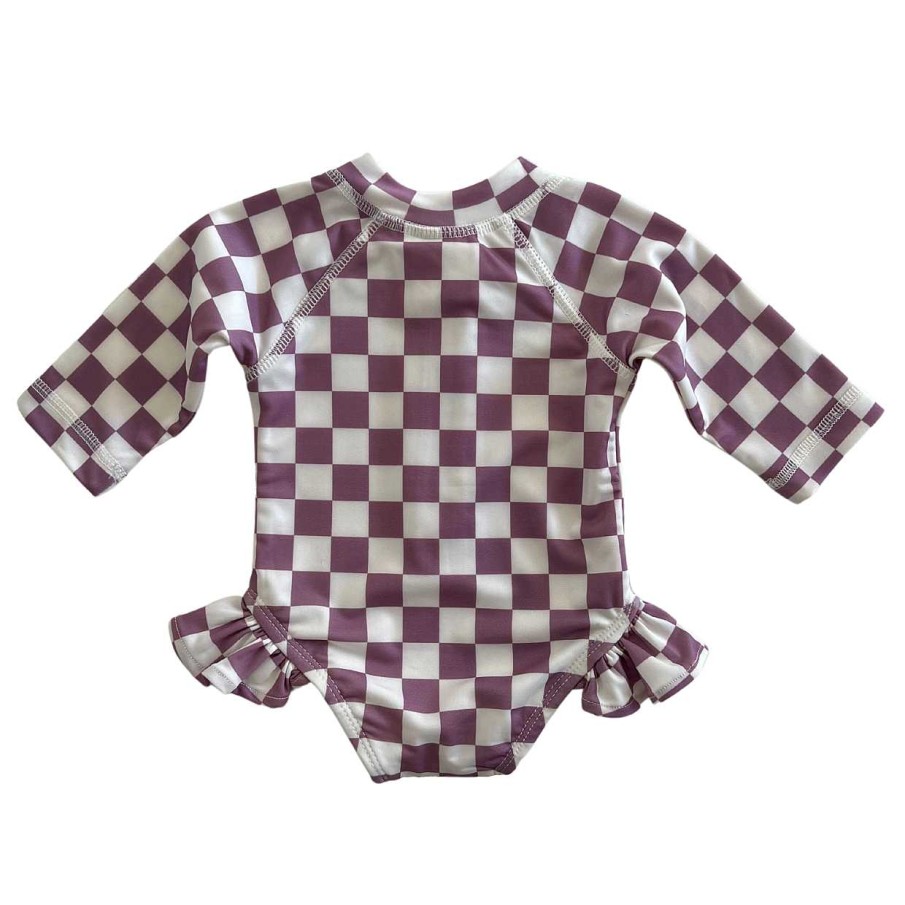 Girl SIIX Collection | Berry Cheesecake Checkerboard / Skipper Rashguard Swimsuit / Upf 50+