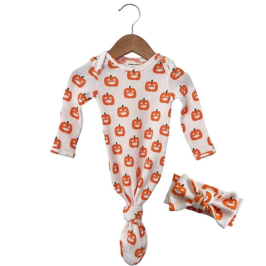 Girl SpearmintLOVE | Organic Waffle Knotted Gown & Bow Set, Jack-O-Lantern