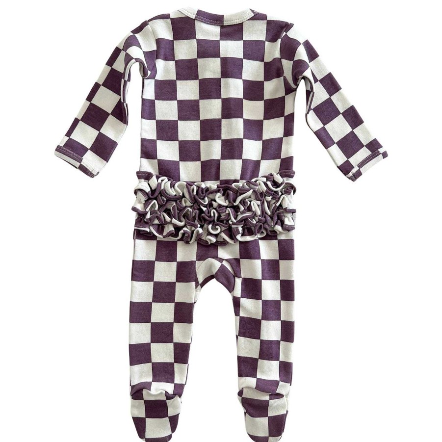 Girl SIIX Collection | Berry Cheesecake Checkerboard / Organic Frill Zip Footie