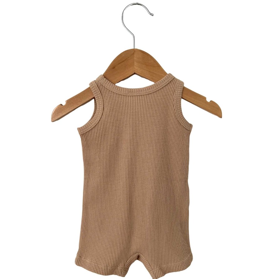 Boy SpearmintLOVE | Organic Waffle Shortie Romper, Tan