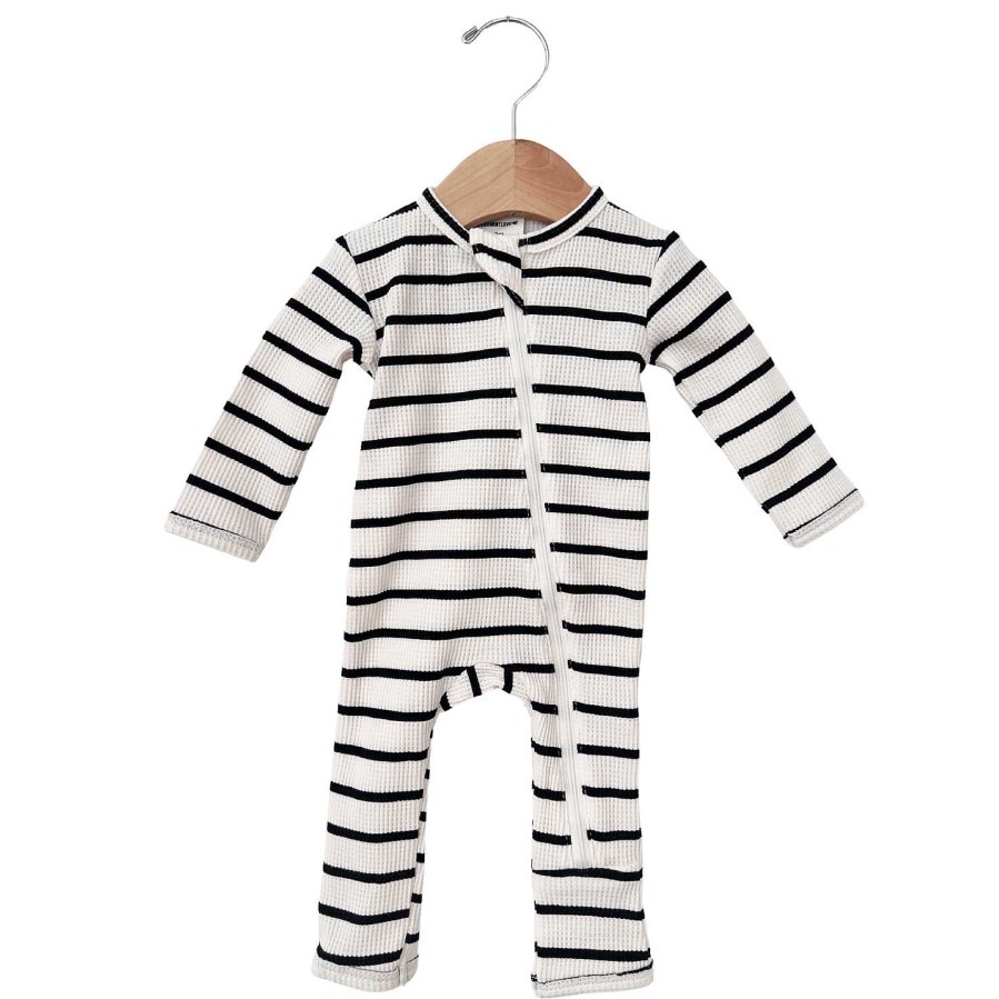 Boy SpearmintLOVE | Organic Waffle Basic Zip Romper, Black Stripe