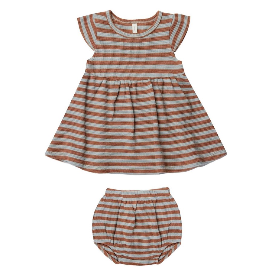 Girl Quincy Mae | Organic Waffle Flutter Sleeve Dress & Bloomer, Sienna + Sky Stripe