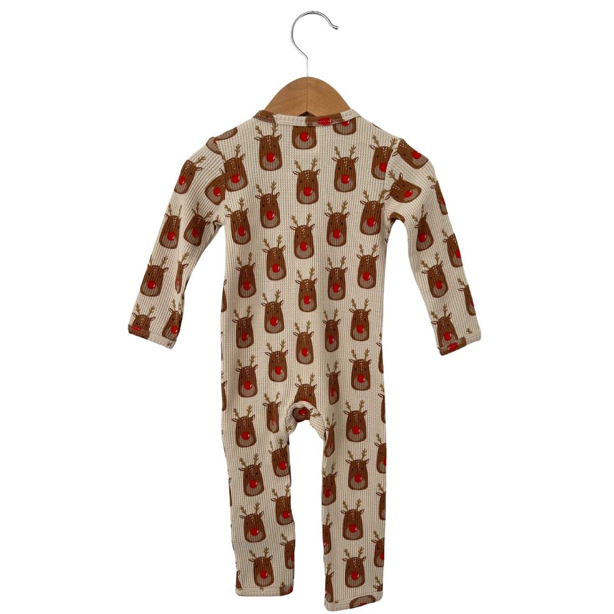 Boy SpearmintLOVE | Organic Waffle Basic Zip Romper, Reindeer