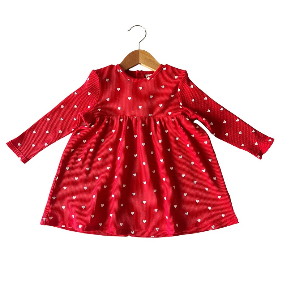 Girl SpearmintLOVE | Organic Waffle Simple Dress, Little White Heart (On Red)