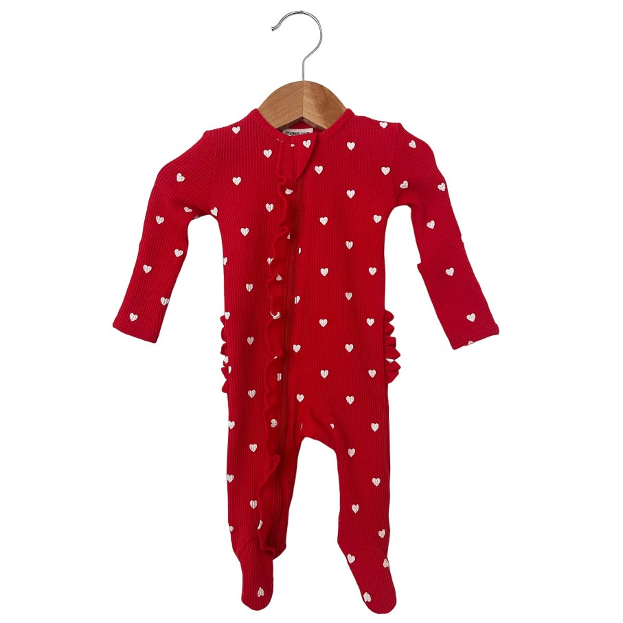 Girl SpearmintLOVE | Organic Waffle Ruffle Zip Footie, Little White Heart (On Red)