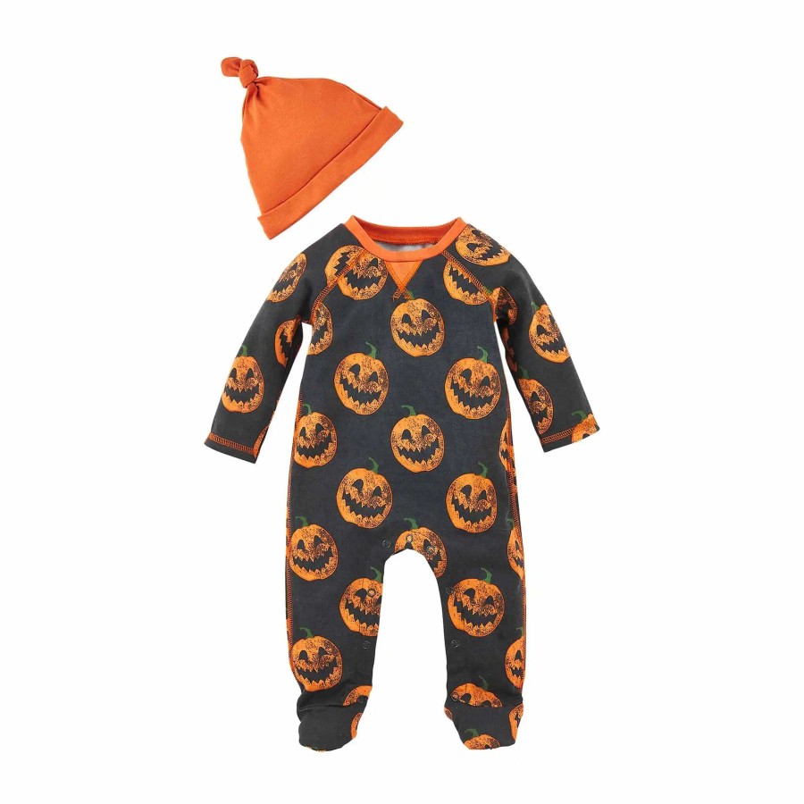 Boy Mud Pie | Black Jack-O-Lantern Footed Romper & Hat Set