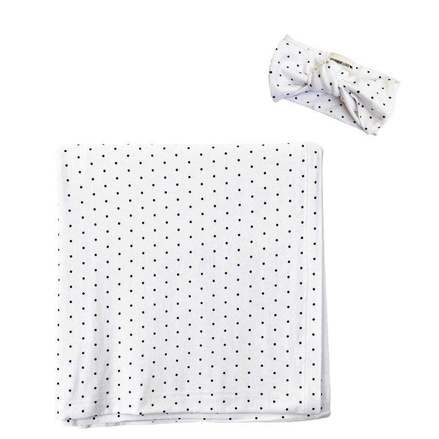 Baby Stuff SpearmintLOVE | Stretch Swaddle Blanket & Bow Set, Navy Polka Dot