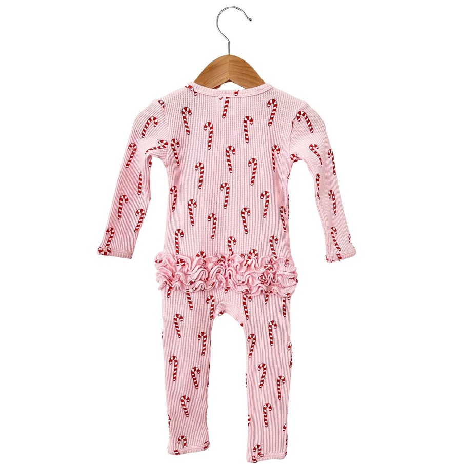 Girl SpearmintLOVE | Organic Waffle Ruffle Zip Romper, Pink Candy Cane