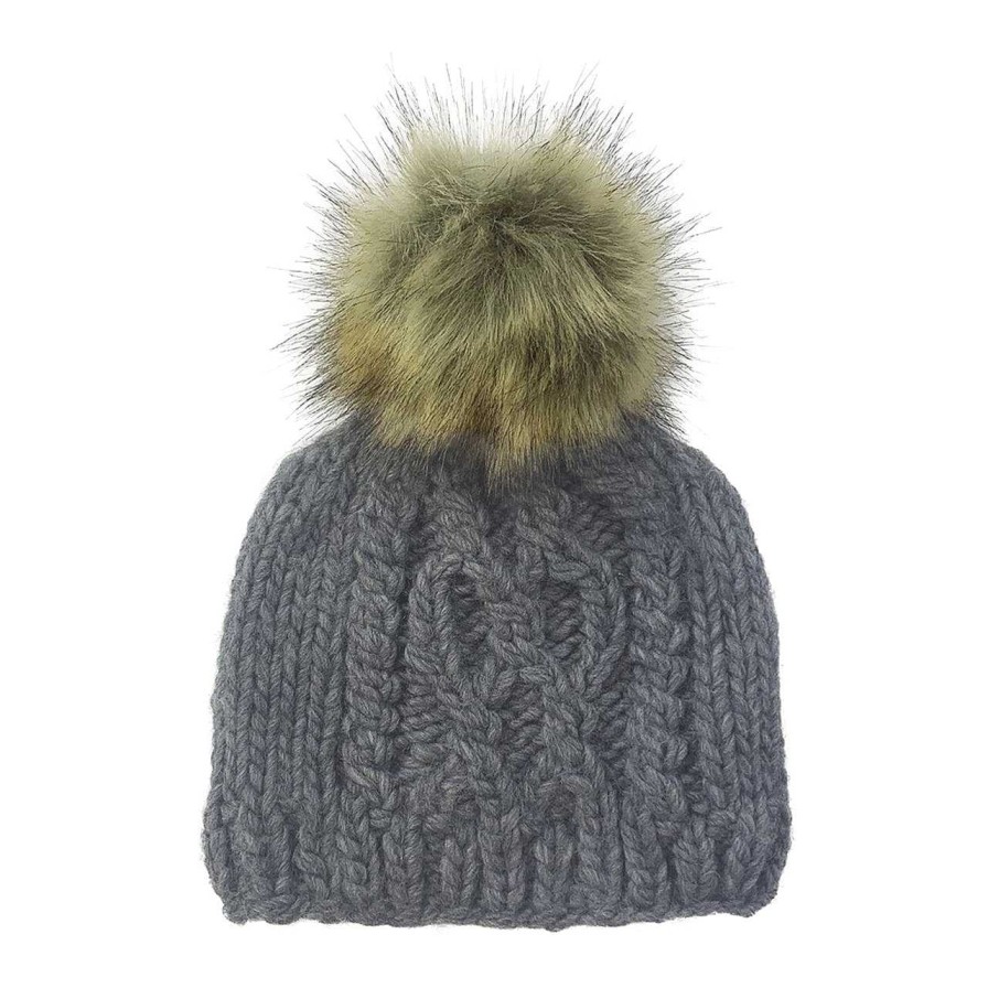 Accessories The Blueberry Hill | Cable Knit Fur Pom Hat, Zinc