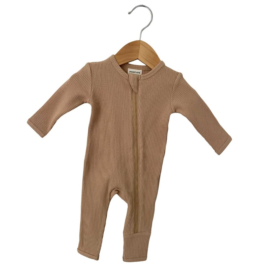 Boy SpearmintLOVE | Organic Waffle Basic Zip Romper, Tan