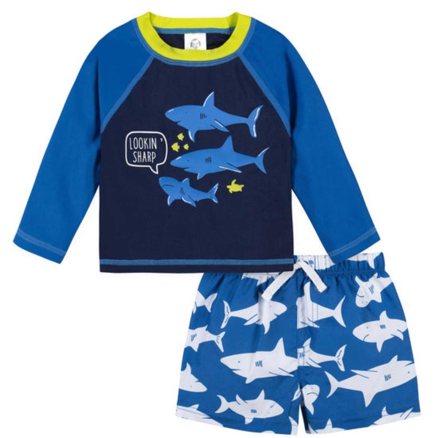 Boy Gerber Childrenswear | Rash Guard & Swim Trunks Set, Shark Zone