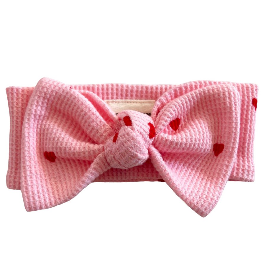 Girl SpearmintLOVE | Organic Waffle Knot Bow, Little Red Heart (On Pink)