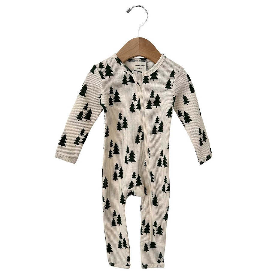 Boy SpearmintLOVE | Organic Waffle Basic Zip Romper, Forest Green Trees