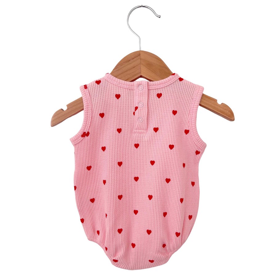 Girl SpearmintLOVE | Organic Waffle Bubble Romper, Little Red Heart (On Pink)