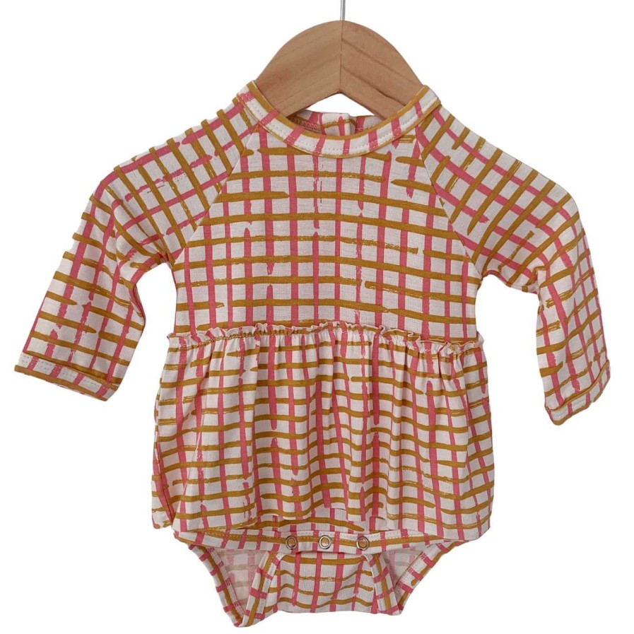 Girl SpearmintLOVE | Long Sleeve Skirted Bodysuit, Pink Check