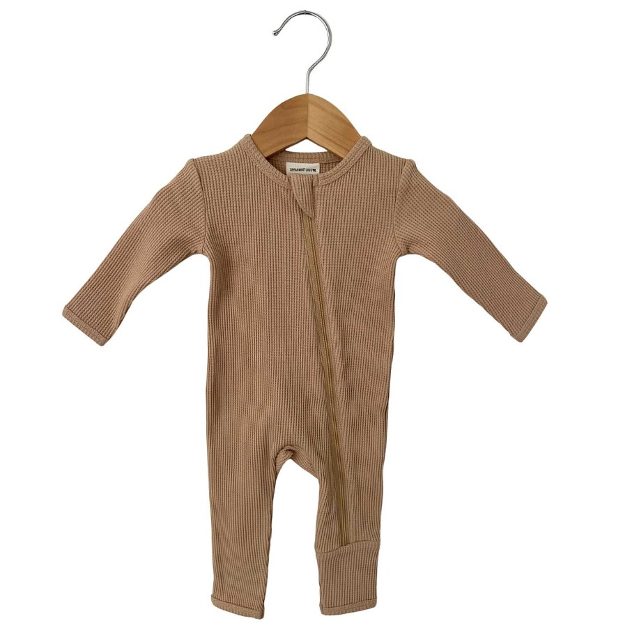 Boy SpearmintLOVE | Organic Waffle Basic Zip Romper, Tan