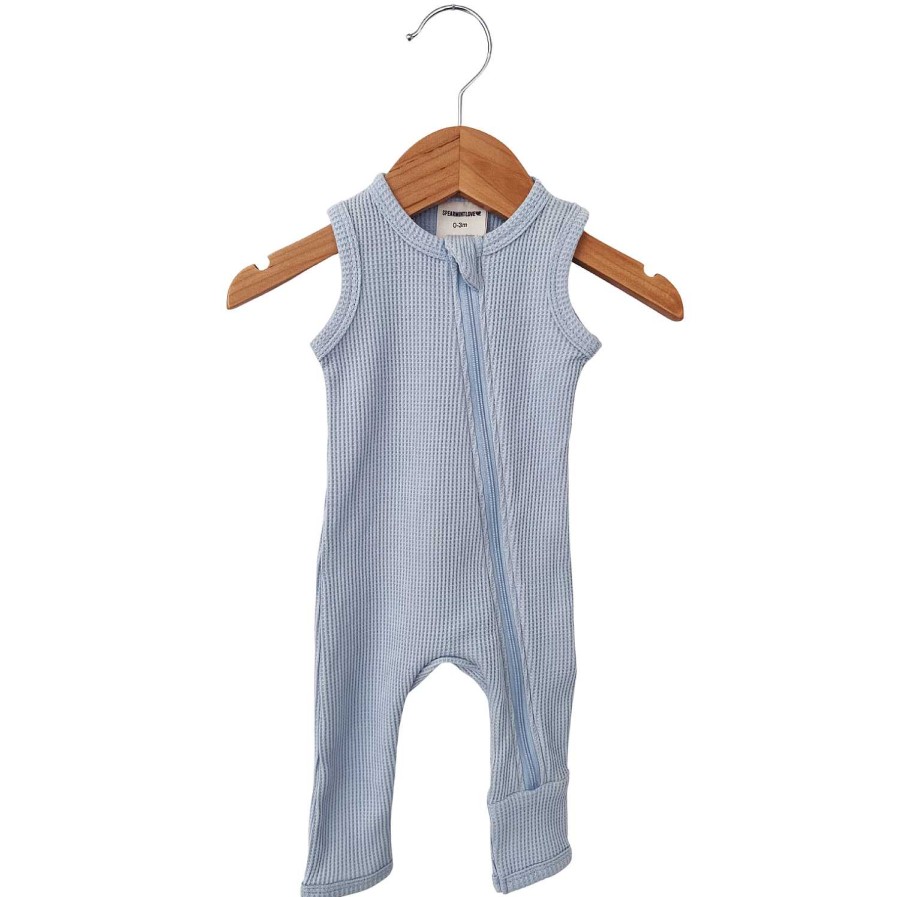 Boy SpearmintLOVE | Organic Waffle Sleeveless Zip Romper, Baby Blue