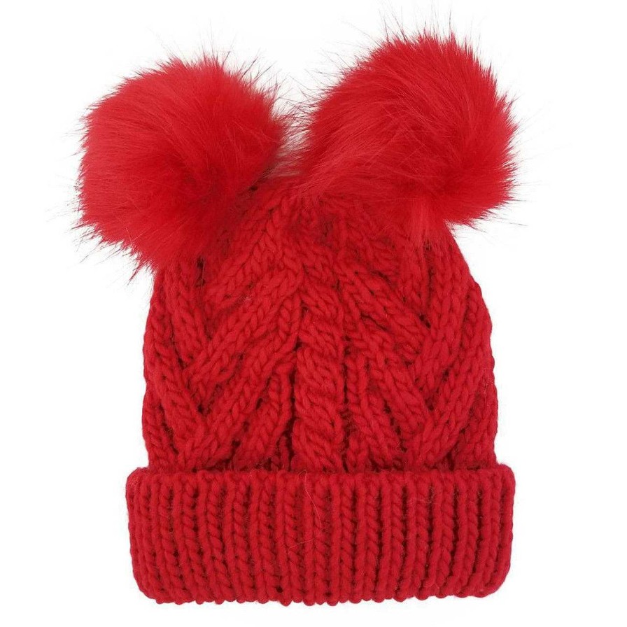 Accessories Huggalugs | Cable Knit Double Fur Pom Hat, Red