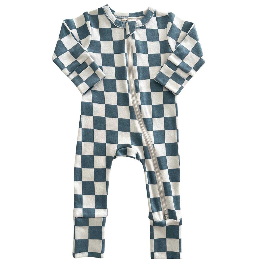 Boy SIIX Collection | Blueberry Muffin Checkerboard / Organic 2-Way Zip Romper