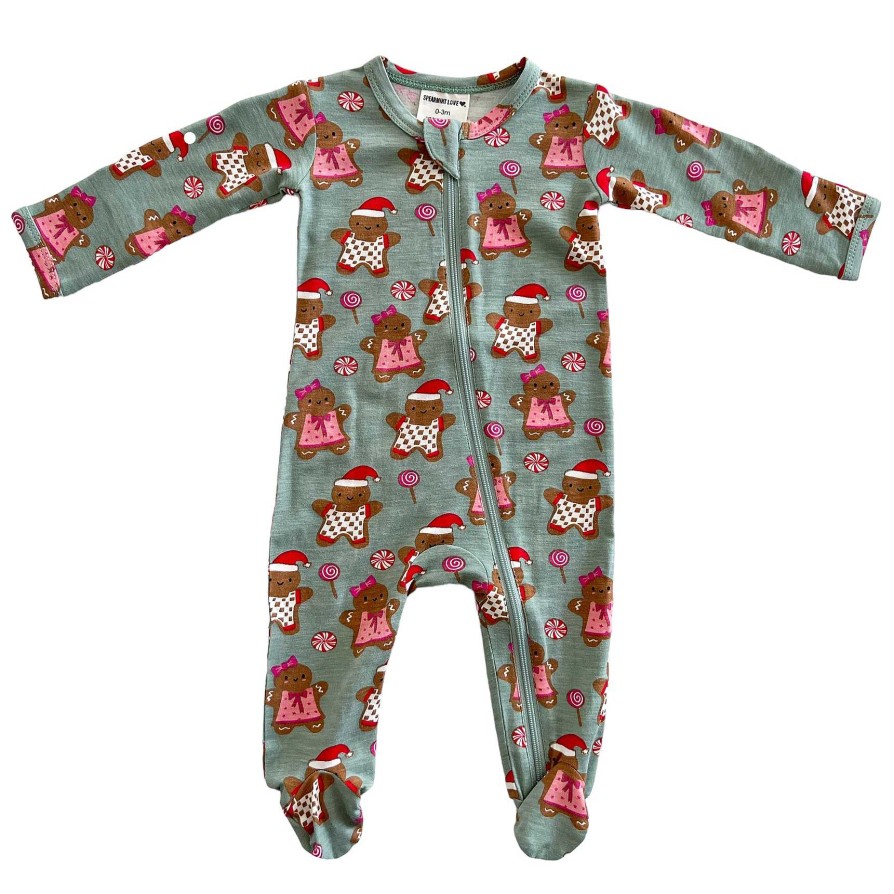 Boy SpearmintLOVE | 2-Way Zip Footie, Gingerbread Friends Green