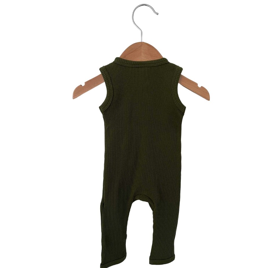 Boy SpearmintLOVE | Organic Waffle Sleeveless Zip Romper, Forest