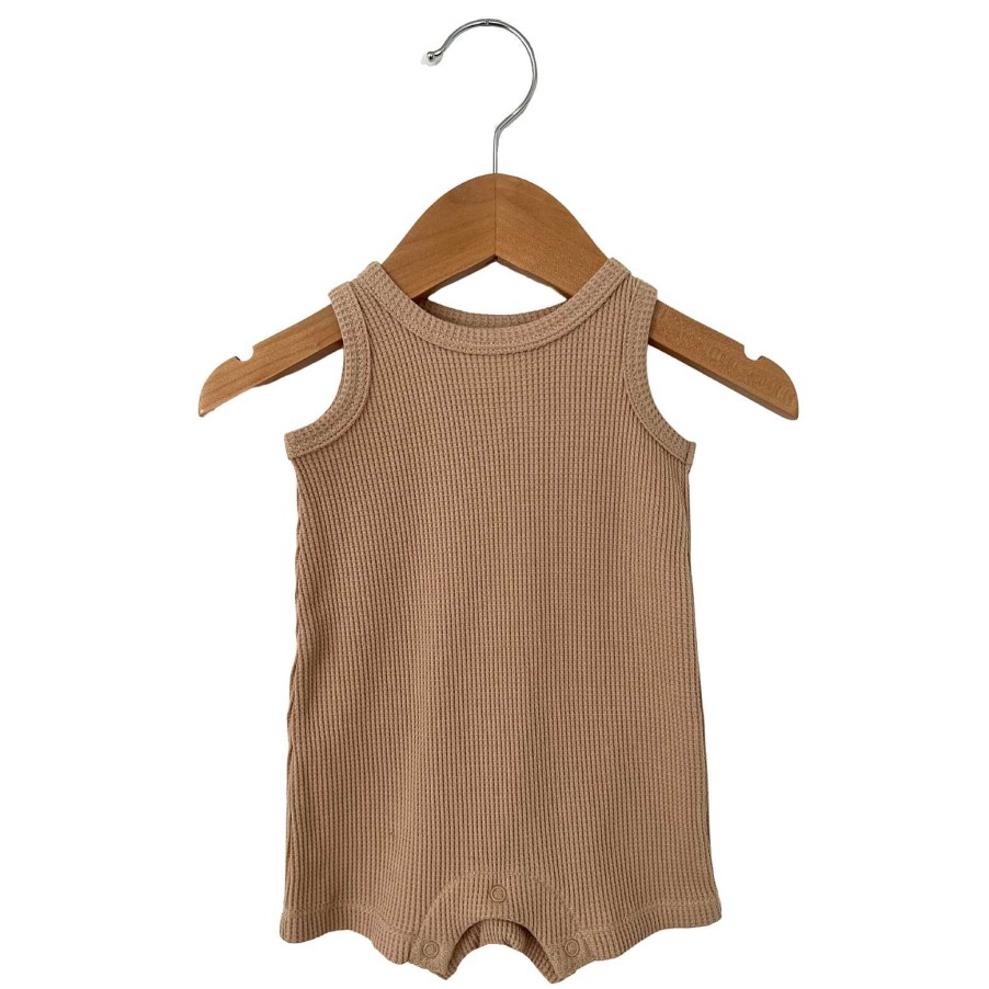 Boy SpearmintLOVE | Organic Waffle Shortie Romper, Tan