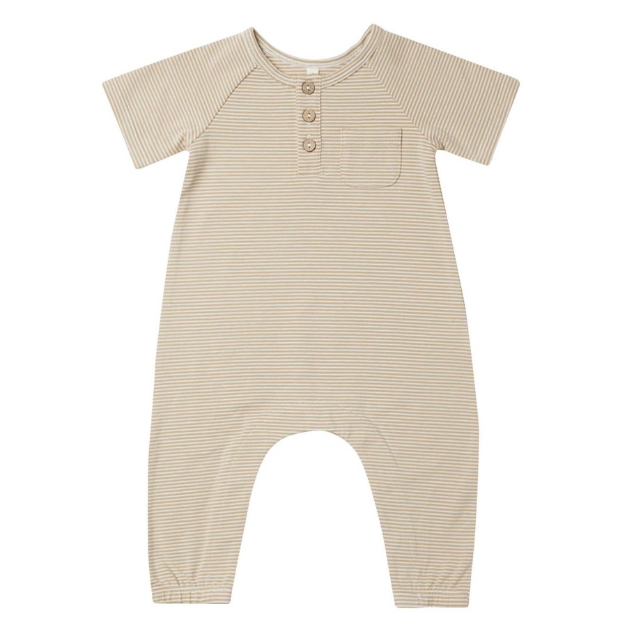 Girl Quincy Mae | Organic Short Sleeve Jumpsuit, Latte Micro Stripe