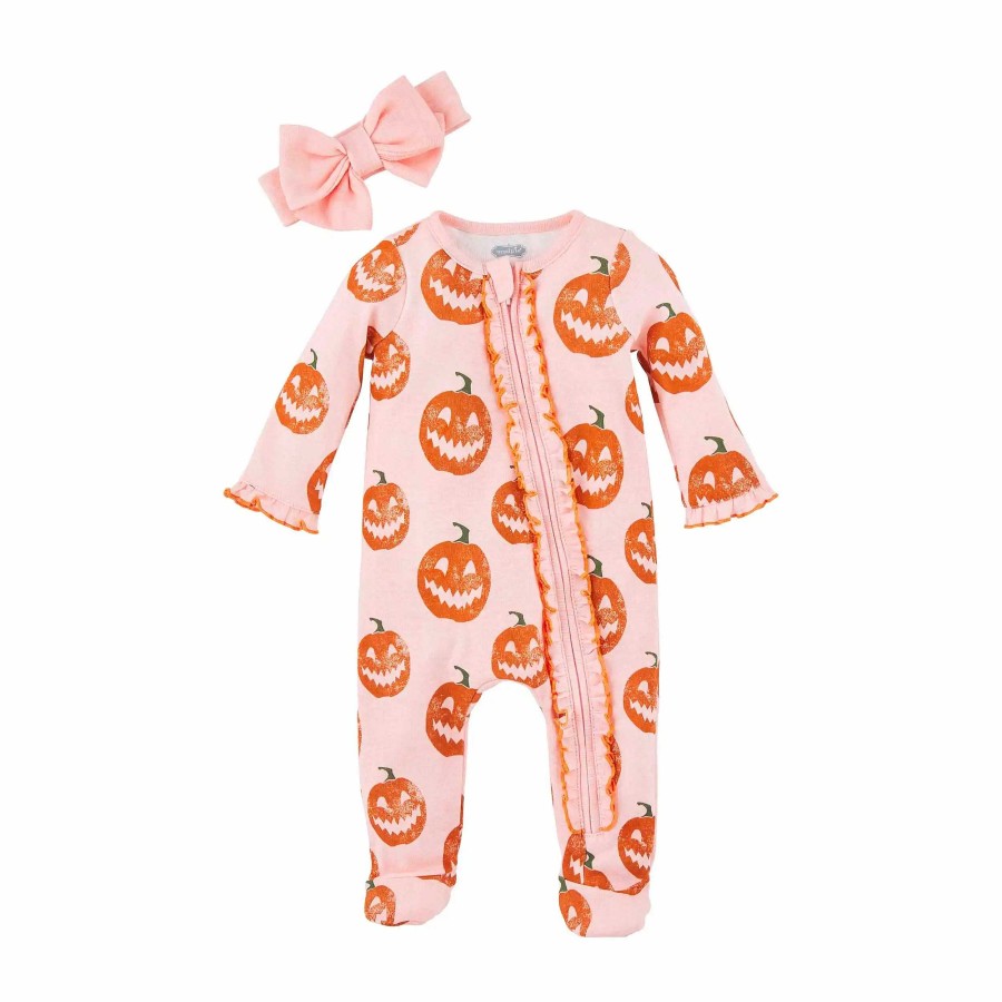 Girl Mud Pie | Zip Footie & Headband Set, Pink Jack-O-Lantern